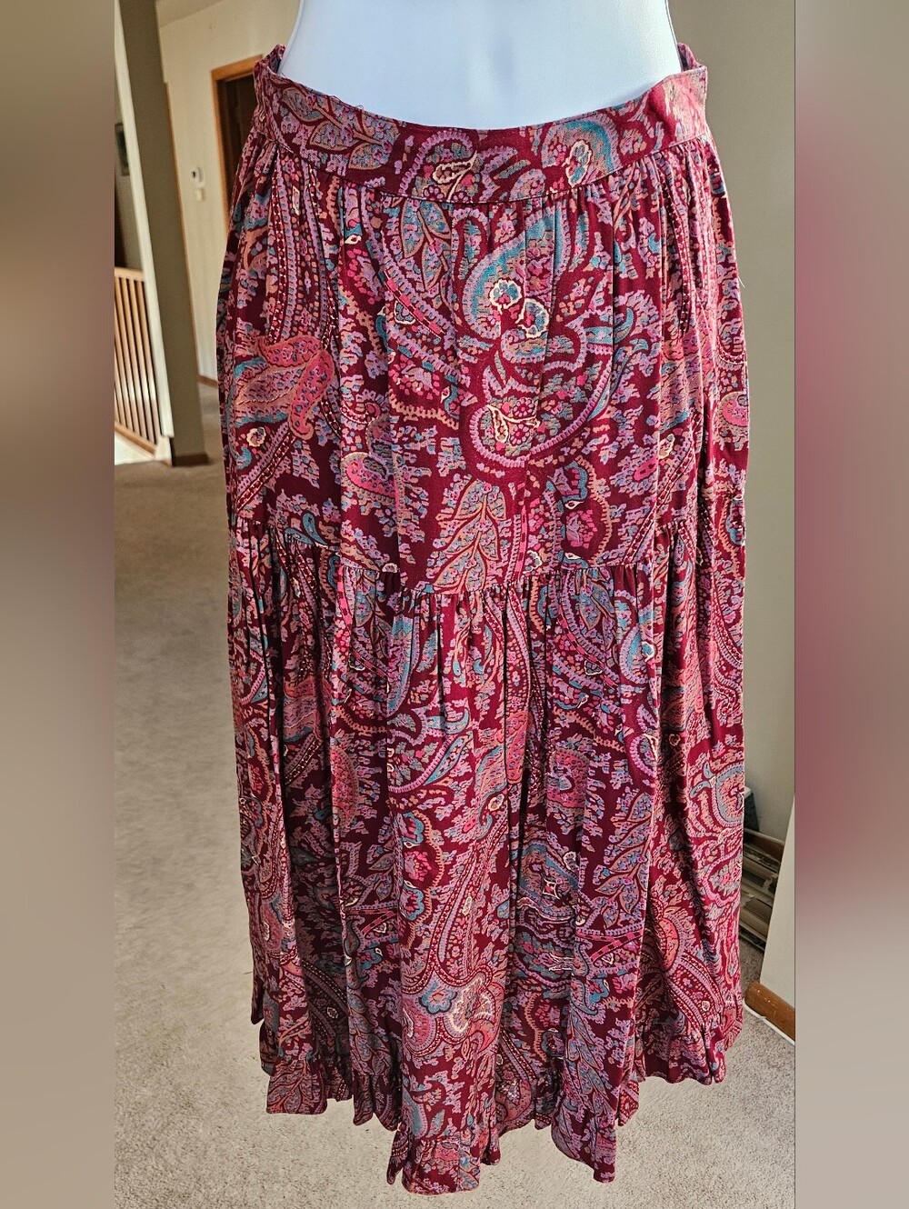 VTG 70s/90s ILGWU Union Made Paisley Tiered Boho Maxi Skirt Burgundy Red